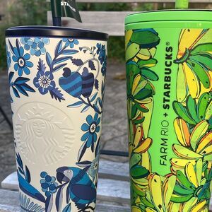FARM Rio // Starbucks Green Banana Leaf & Blue Floral Tumblers Bundle